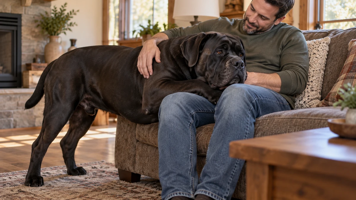 Cane Corso köpek — sahibinin kucağında
