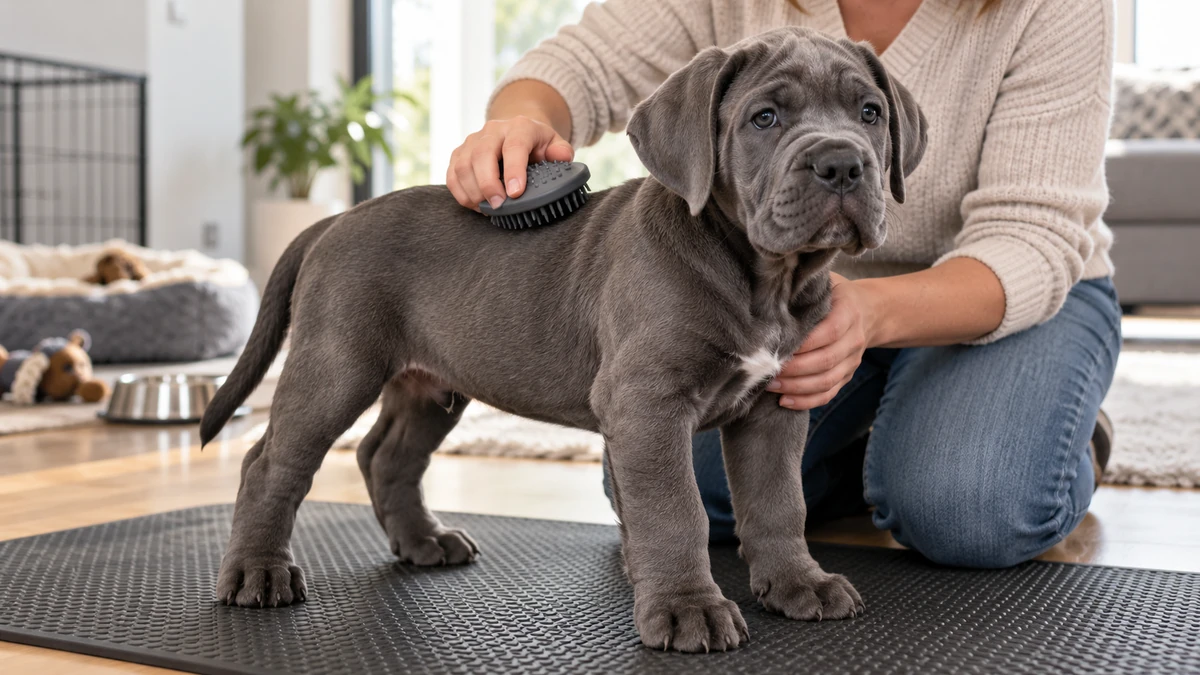 Cane Corso yavru köpek — tüy bakımı ve fırçalama
